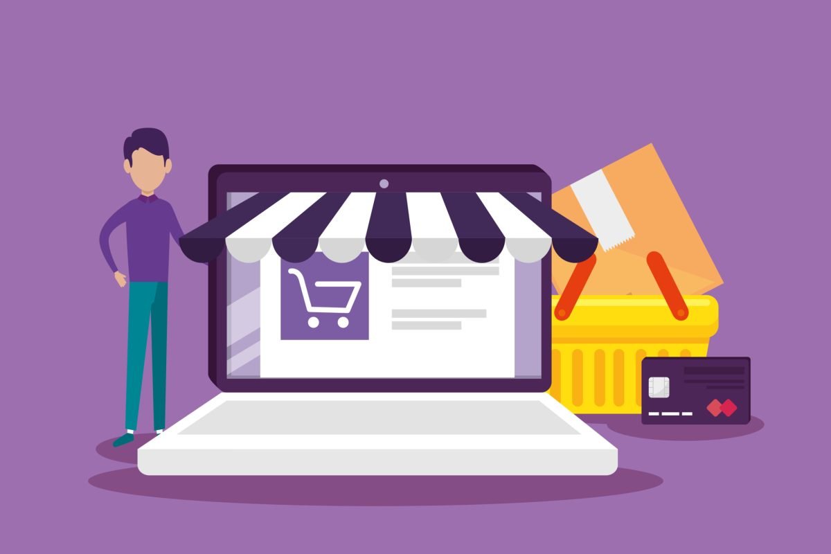 laptop ecommerce technology with website and basket vector illustration